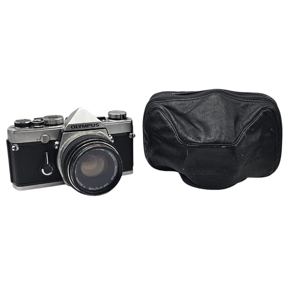 Olympus OM-1 MD Chrome Film Camera Body w/ 50mm F1.8 Lens &‎ Leather Case